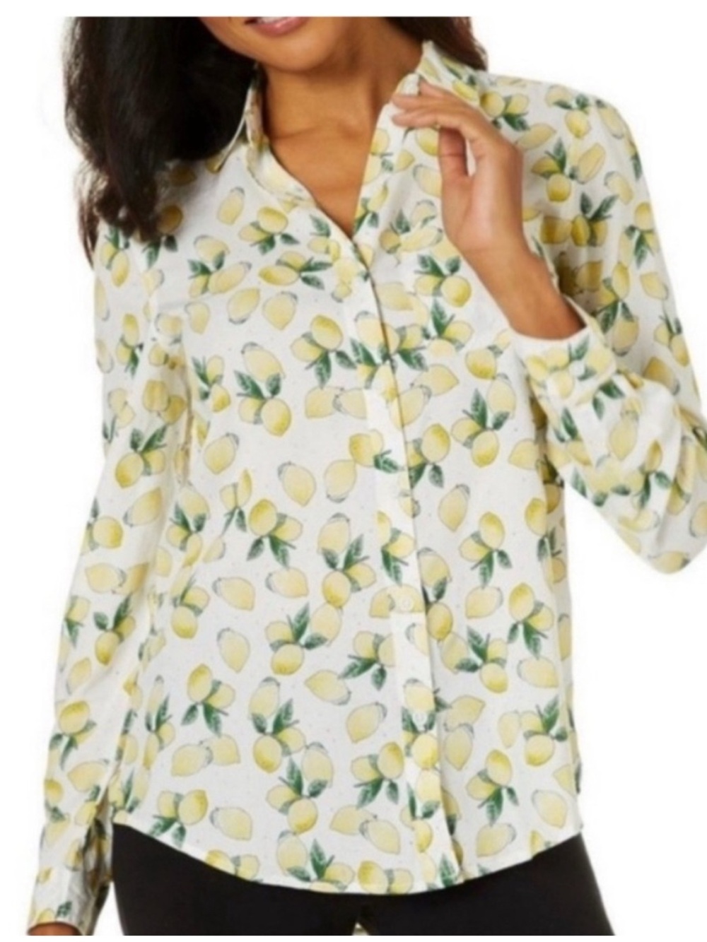 BeachLunchLounge Women's Lemon-Print Button-Front Blouse White & Yellow Sz large